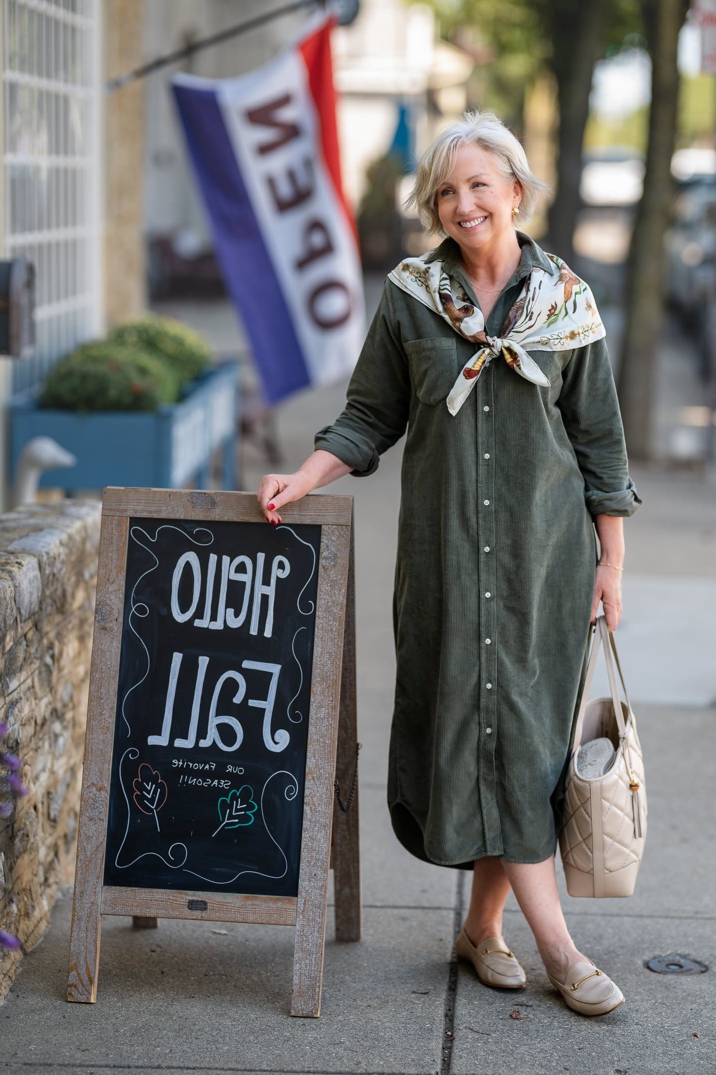 Green Corduroy Dress with Scarf - corduroy outfit idea for women over 50