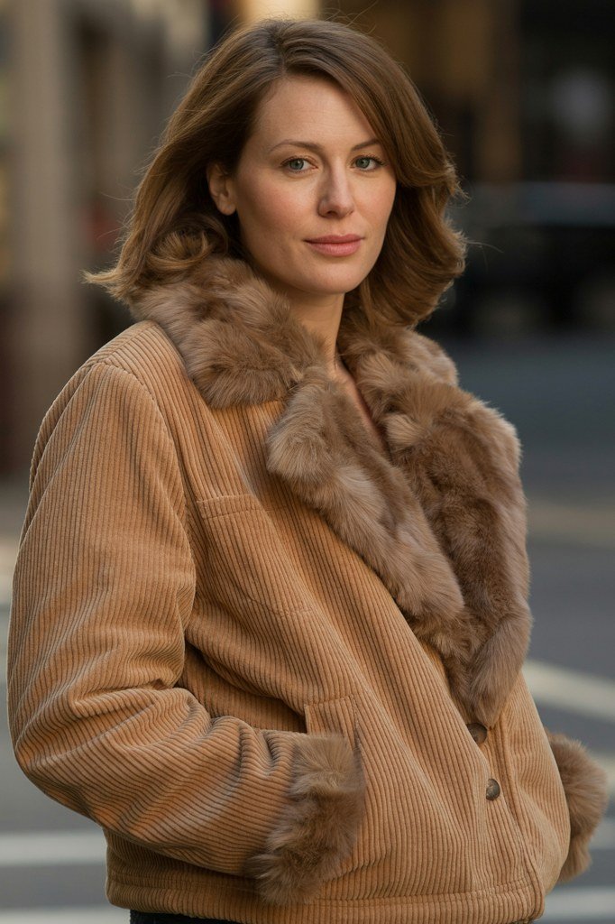 Tan Corduroy Jacket with Fur Collar - corduroy outfit idea for women over 50
