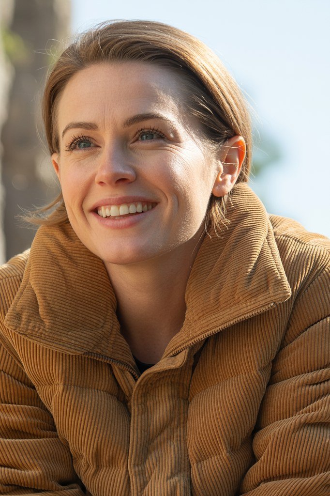 Tan Corduroy Jacket Smiling - corduroy outfit idea for women over 50