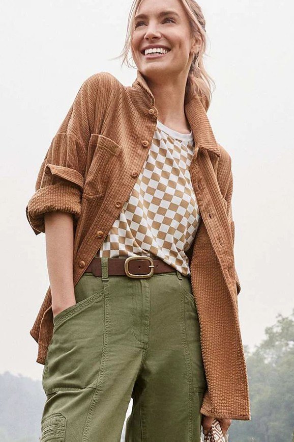Tan Shacket with Olive Pants - corduroy outfit idea for women over 50