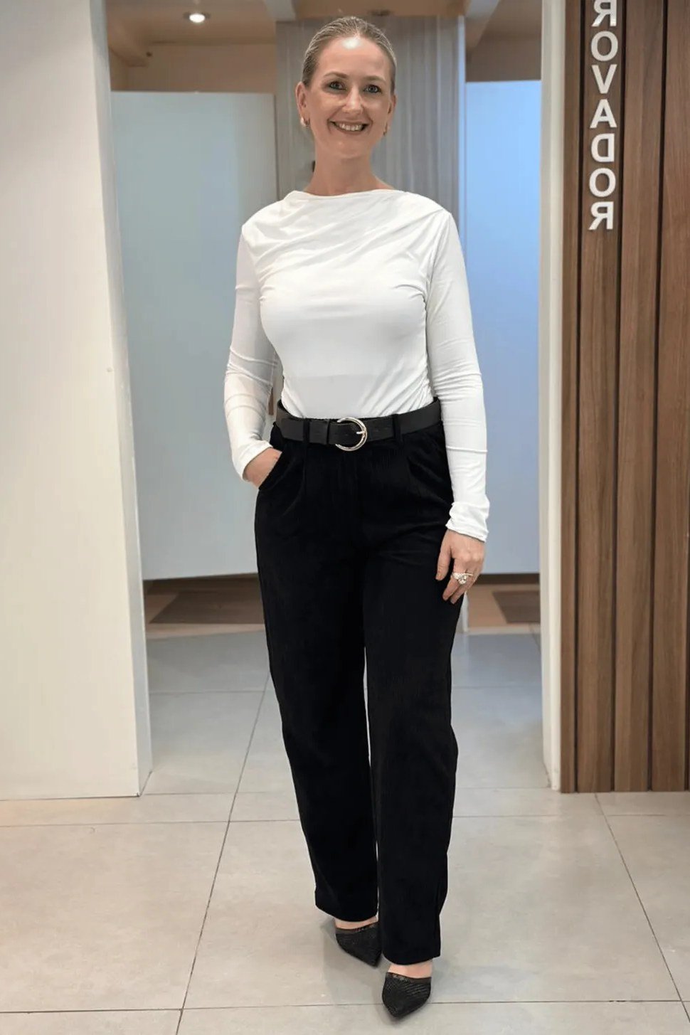 White Top with Black Cords - corduroy outfit idea for women over 50