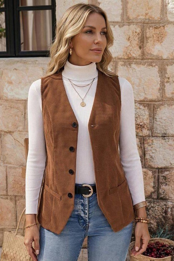 Brown Corduroy Vest with White Turtleneck - corduroy outfit idea for women over 50