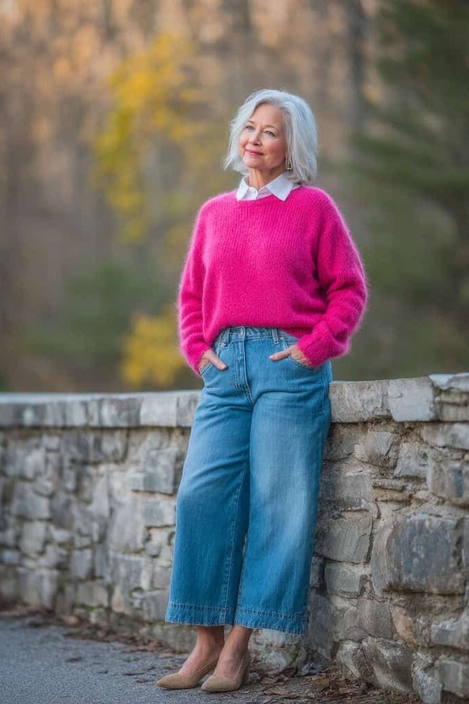 Hot pink chunky sweater with wide-leg jeans, sitting on stone wall - cozy casual outfit idea for women over 50