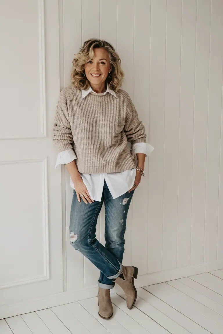 Beige relaxed sweater with jeans, standing by white door - cozy casual outfit idea for women over 50