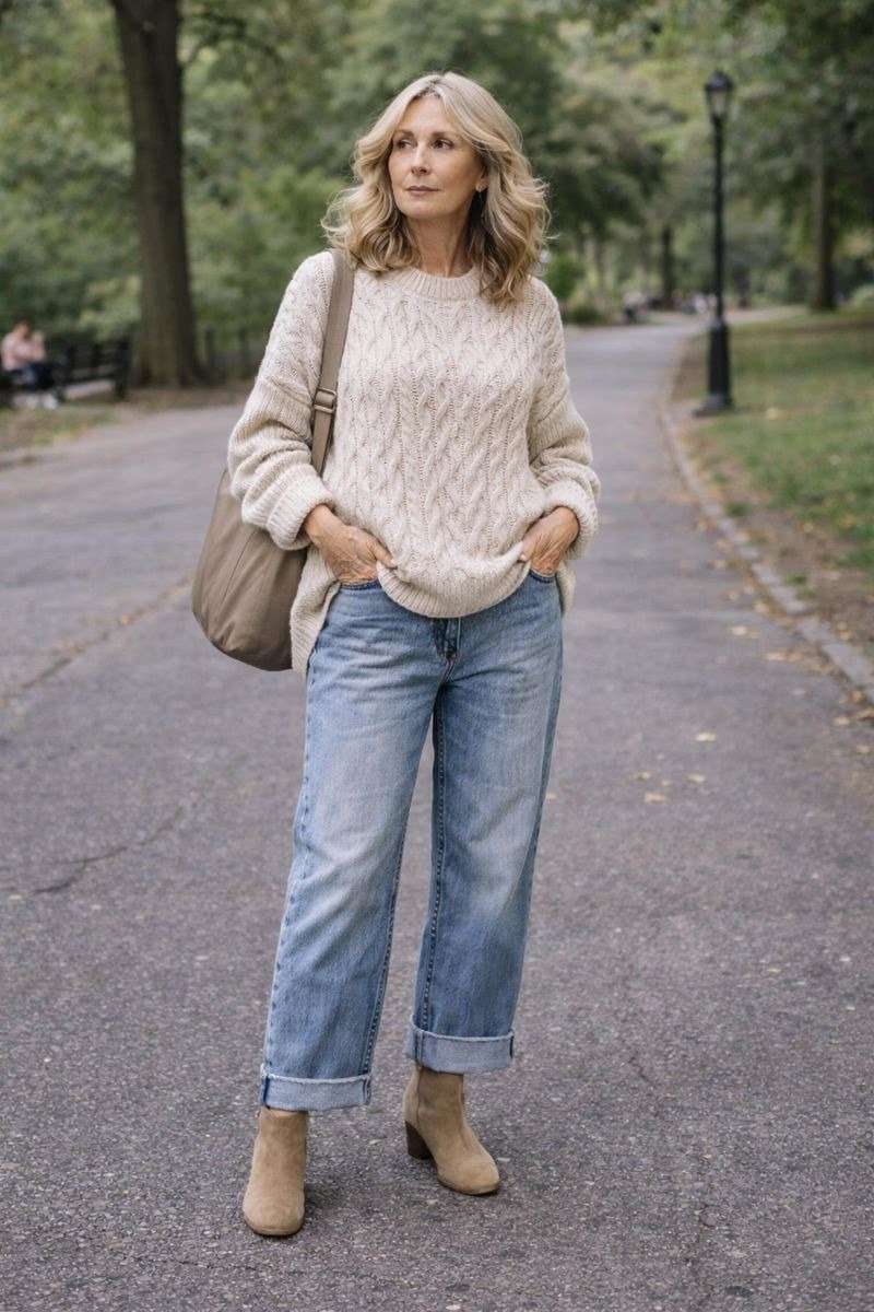 Cream cable-knit sweater with light jeans, on garden path - cozy casual outfit idea for women over 50