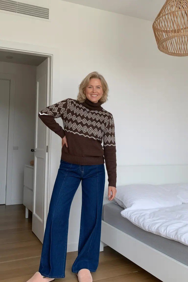 Brown fair isle turtleneck with wide-leg jeans, indoors - cozy casual outfit idea for women over 50
