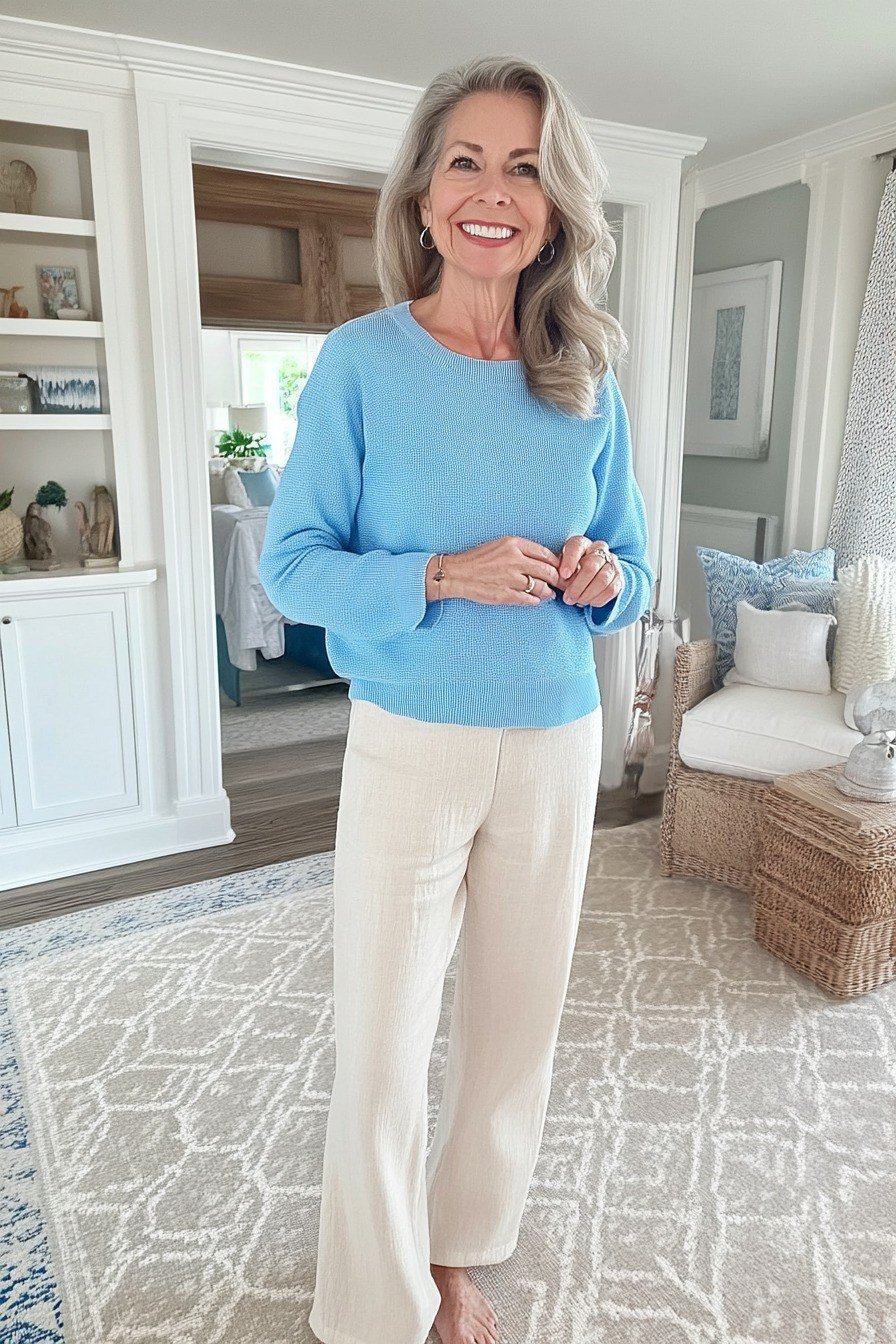 Sky blue knit sweater with cream pants, indoors - cozy casual outfit idea for women over 50