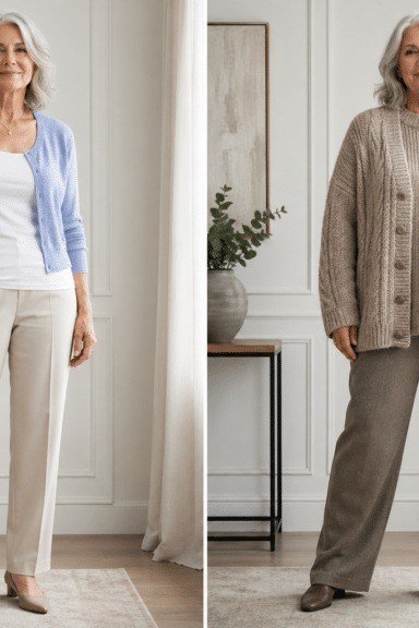 Beige oversized cardigan with wide beige pants - cozy casual outfit idea for women over 50