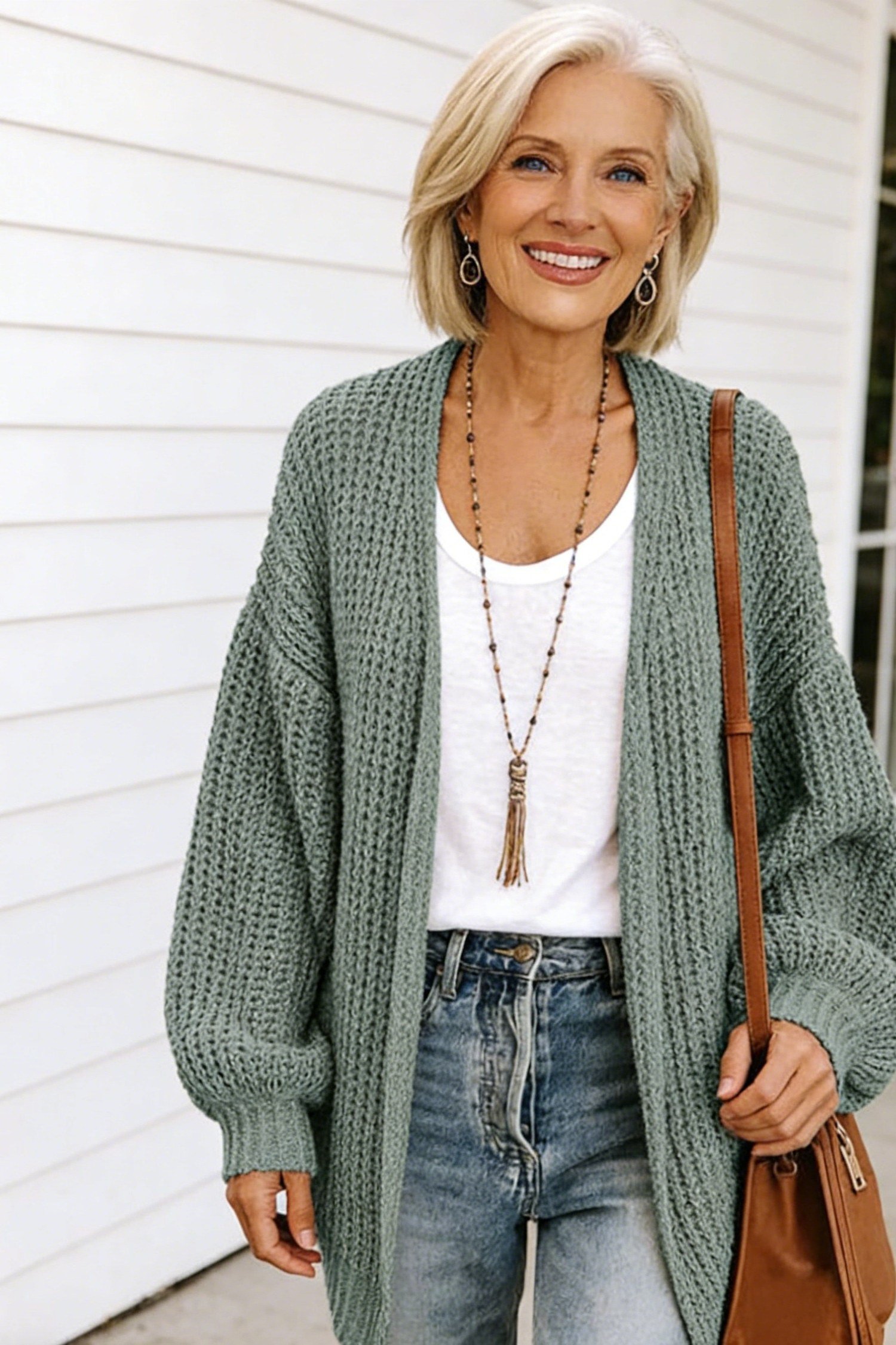 Sage green long cardigan with white top and jeans - cozy casual outfit idea for women over 50