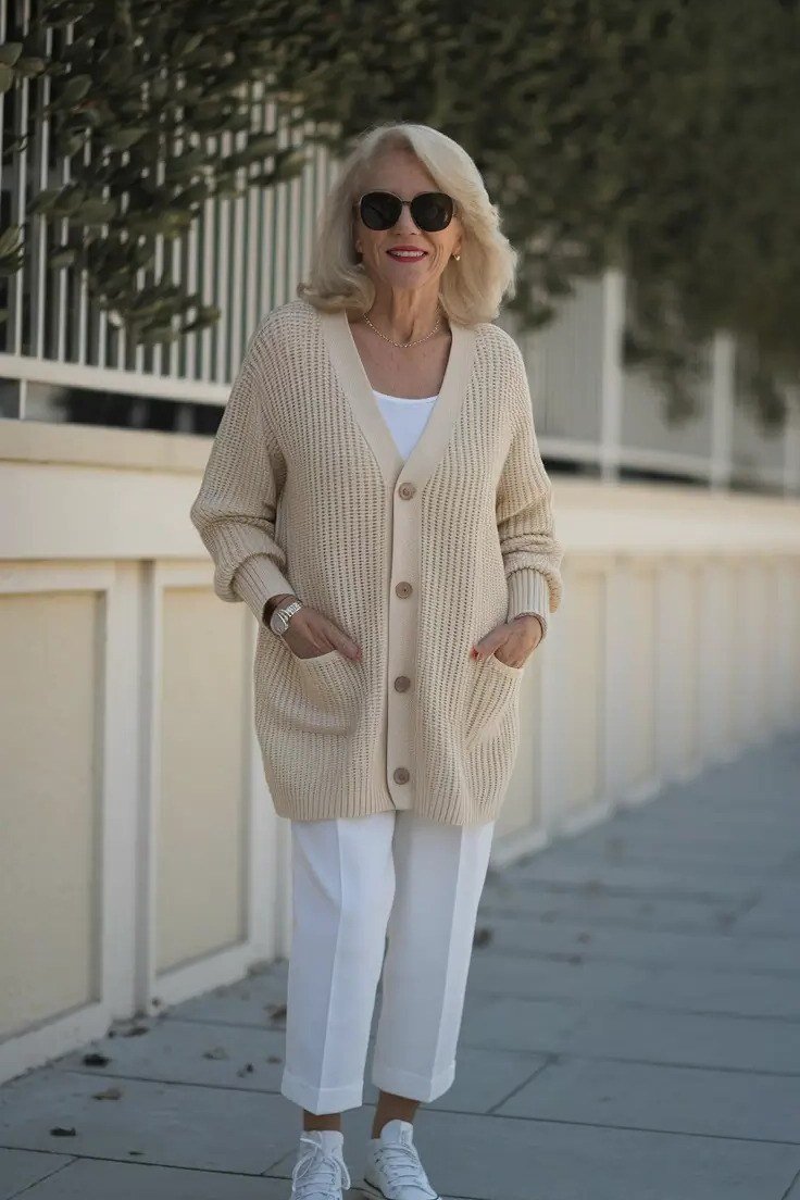 Cream cardigan with white pants and white sneakers - cozy casual outfit idea for women over 50