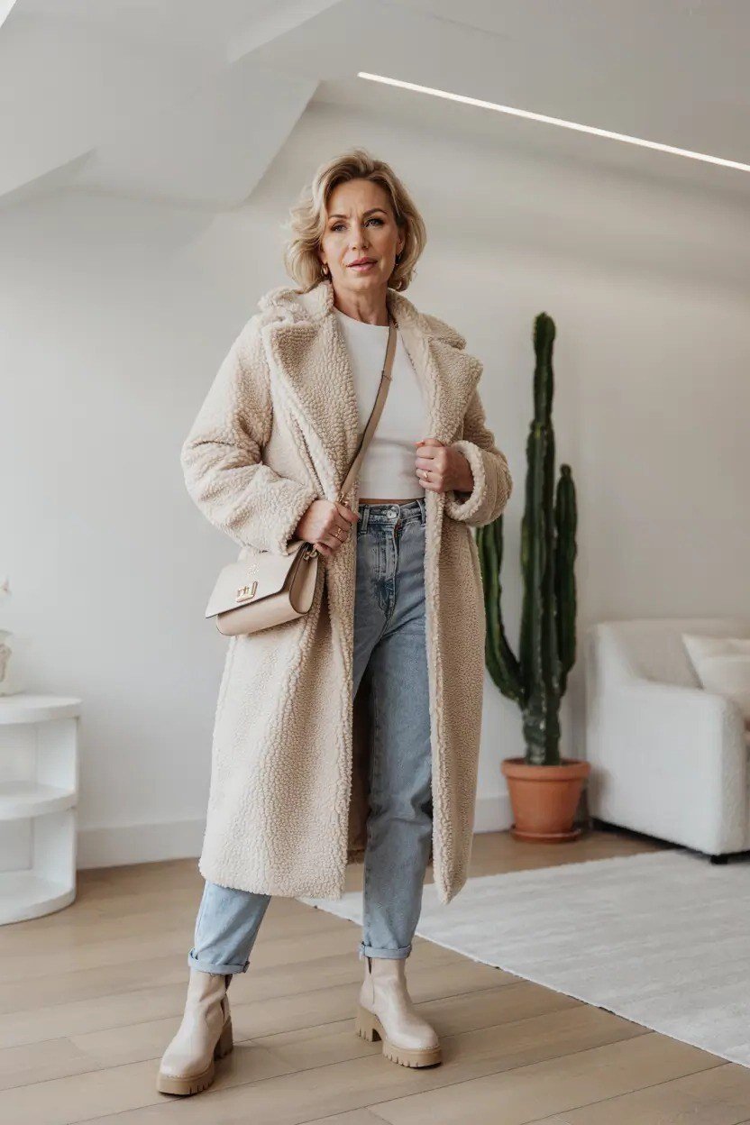 Long cream teddy coat with jeans and sneakers, indoors - cozy casual outfit idea for women over 50