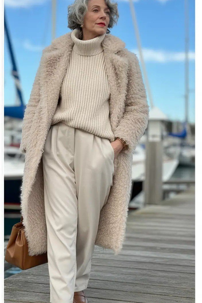 Cream teddy coat with cream knit set, on boardwalk - cozy casual outfit idea for women over 50