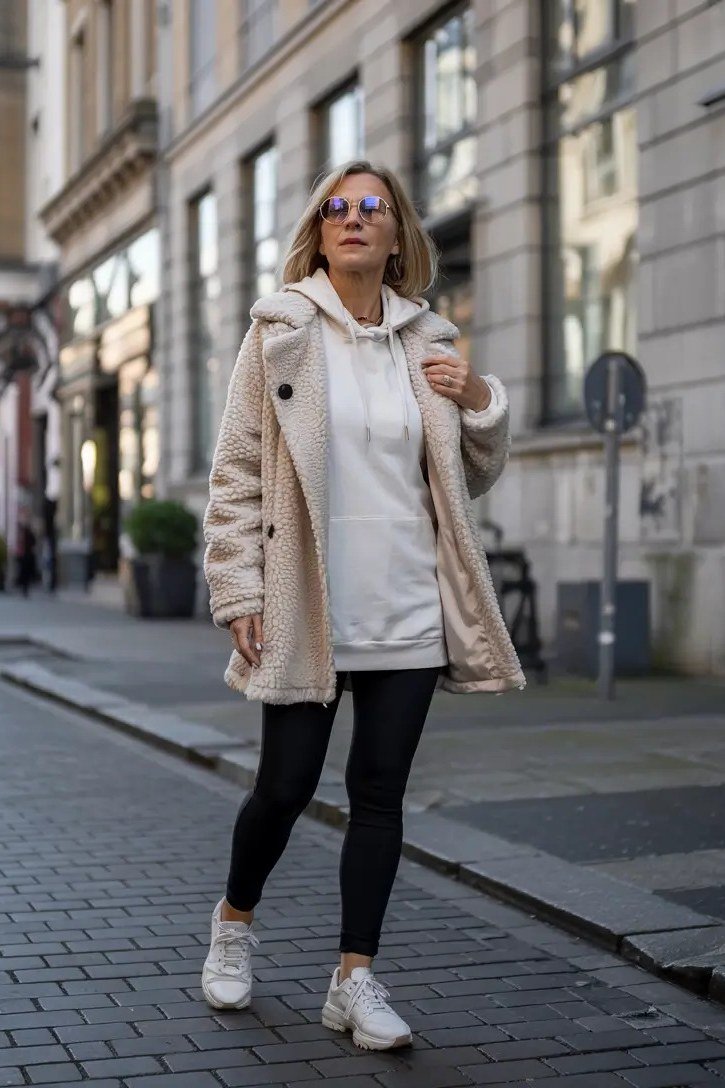 Beige teddy jacket with black leggings and white sneakers - cozy casual outfit idea for women over 50