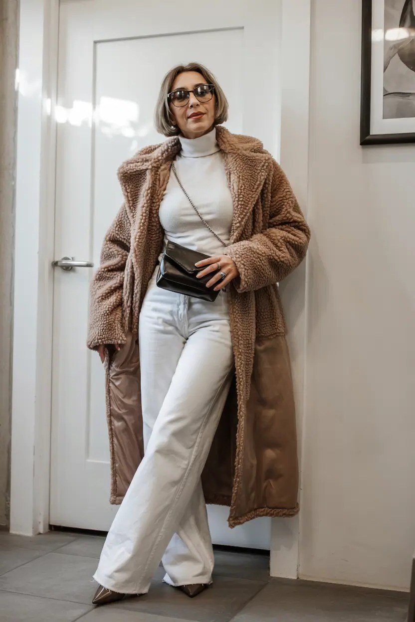 Brown teddy coat with white jeans, by white door - cozy casual outfit idea for women over 50