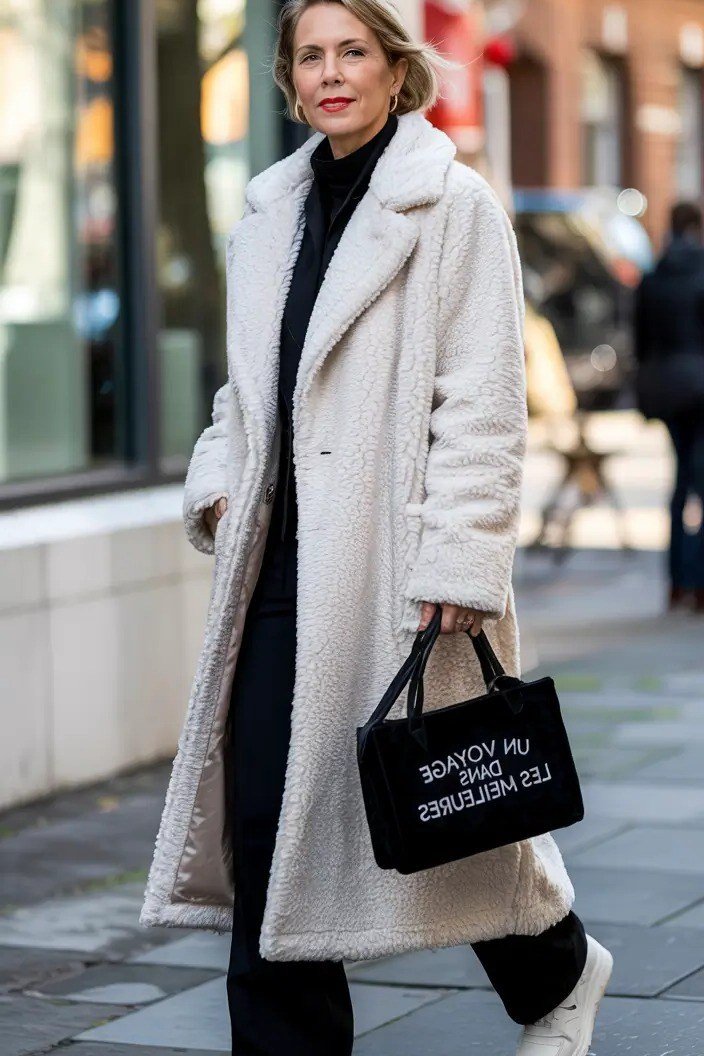 White teddy coat with black pants and white sneakers, on street - cozy casual outfit idea for women over 50