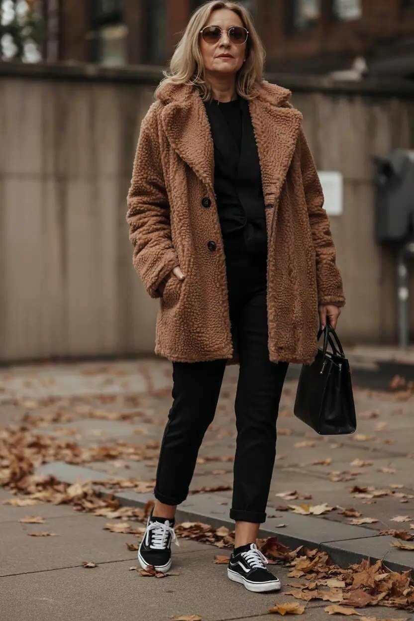 Brown teddy coat with black pants and sneakers, outdoors - cozy casual outfit idea for women over 50