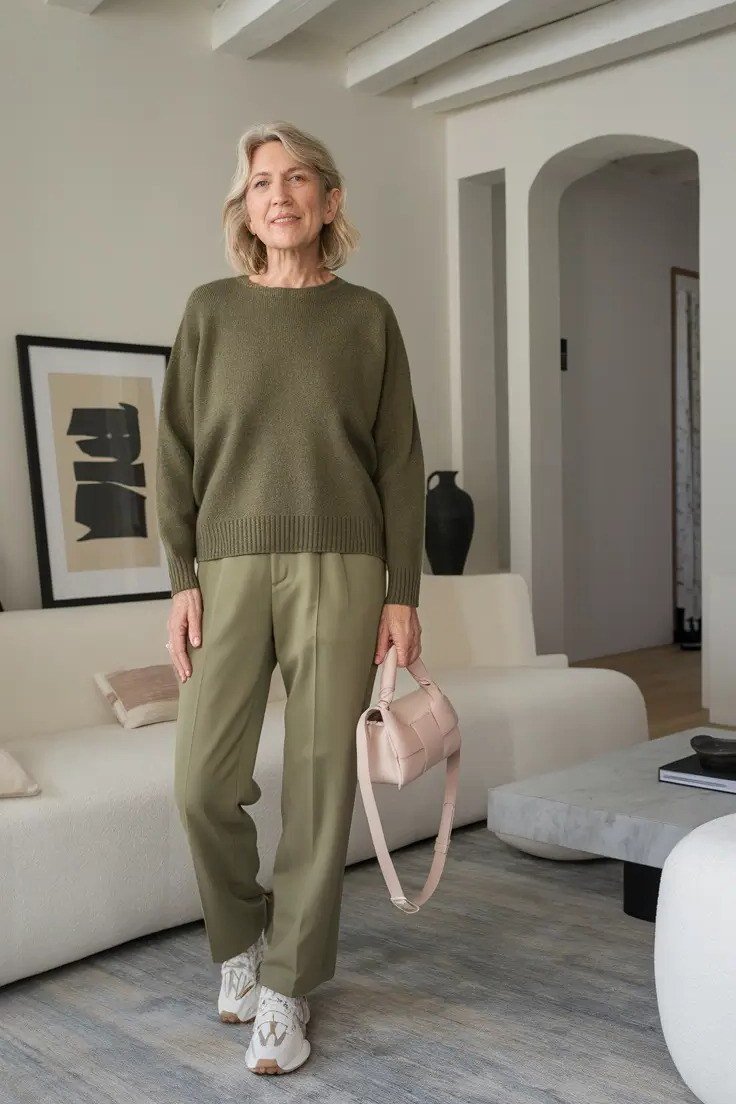 Olive sweater with olive pants and white sneakers, in living room - cozy casual outfit idea for women over 50