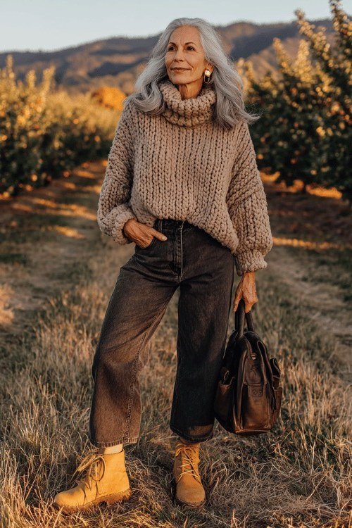 Tan cable-knit sweater with brown wide pants and tan boots, in field - cozy casual outfit idea for women over 50