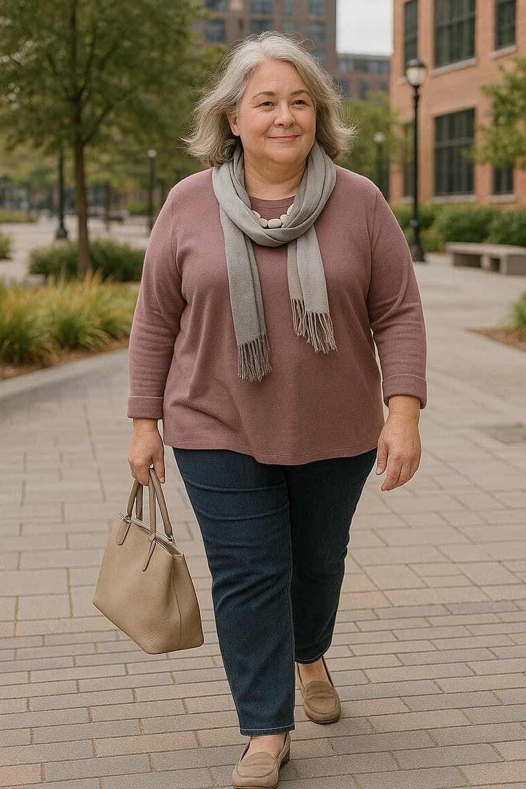 Mauve top with navy pants, grey scarf and tan bag, outdoors - cozy casual outfit idea for women over 50