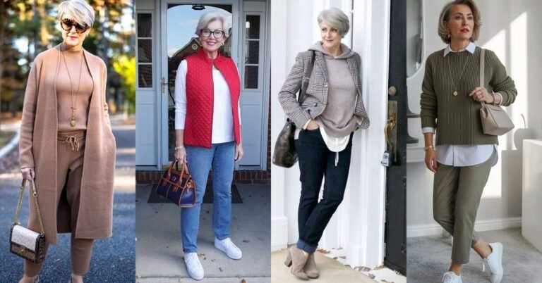 Collage of cozy casual outfits for women over 50 - chunky sweaters, cardigans and teddy coats
