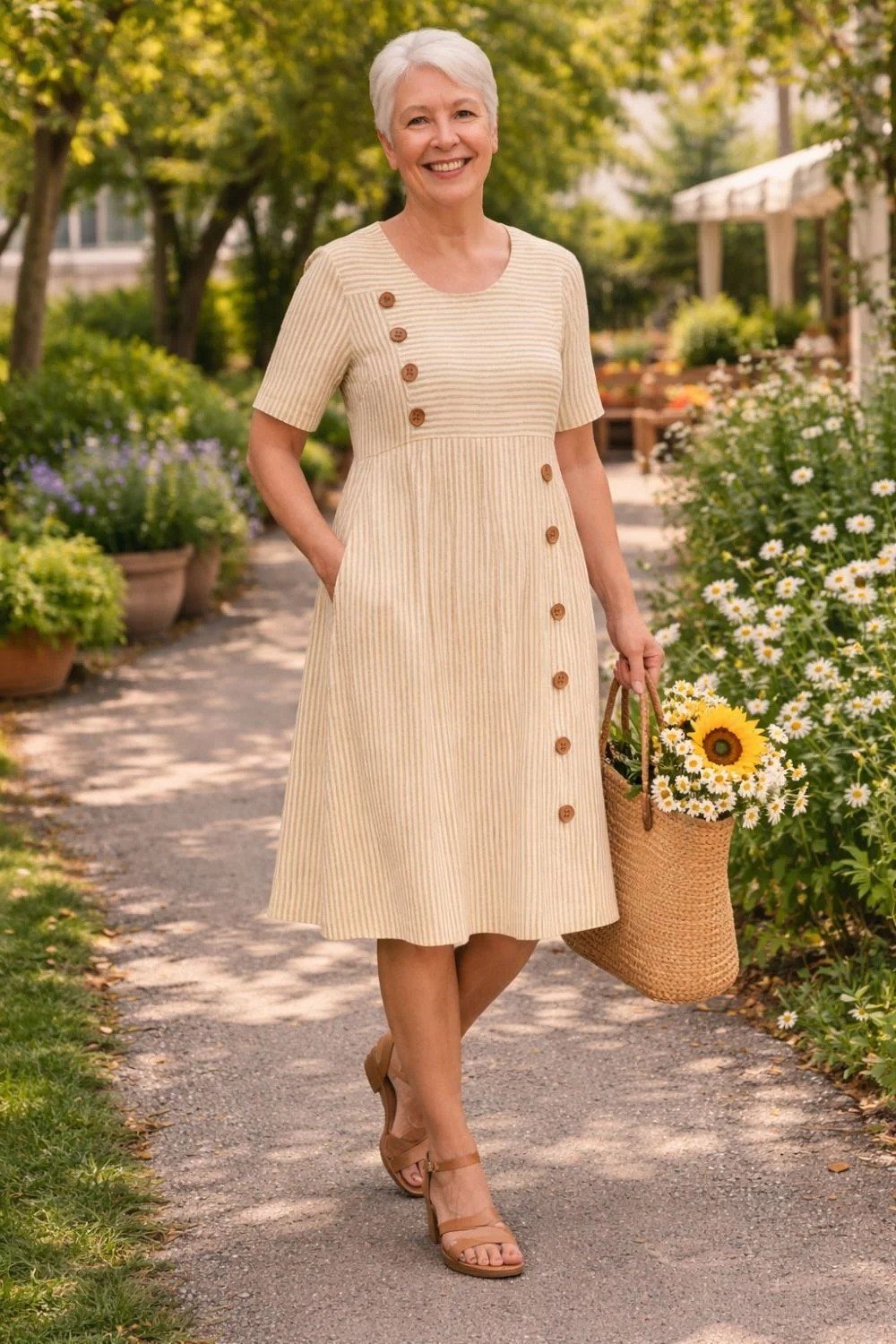 Beige striped button-front midi dress on mature woman in garden