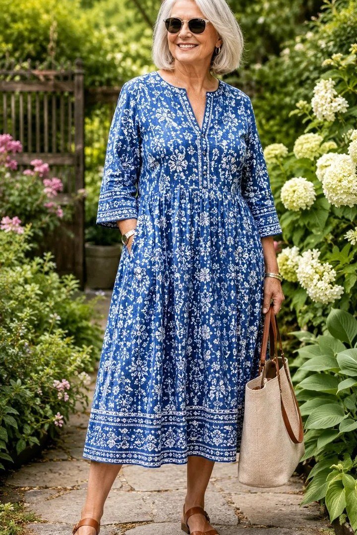 Blue and white floral maxi dress with v-neck on older woman in garden