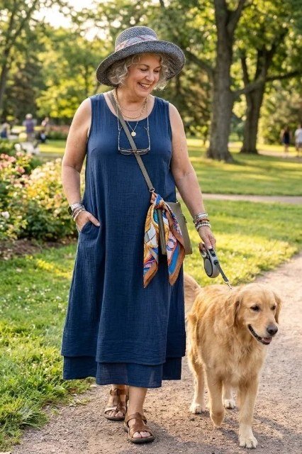 Navy sleeveless midi dress with sun hat walking dog in park