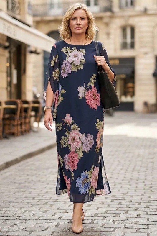 Navy maxi dress with large pink floral print on cobblestone street