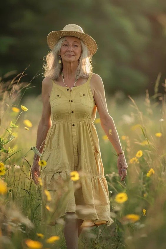 Mustard yellow button-front sundress in wildflower field
