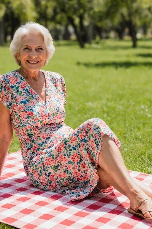 Pink floral wrap midi dress on picnic blanket in park