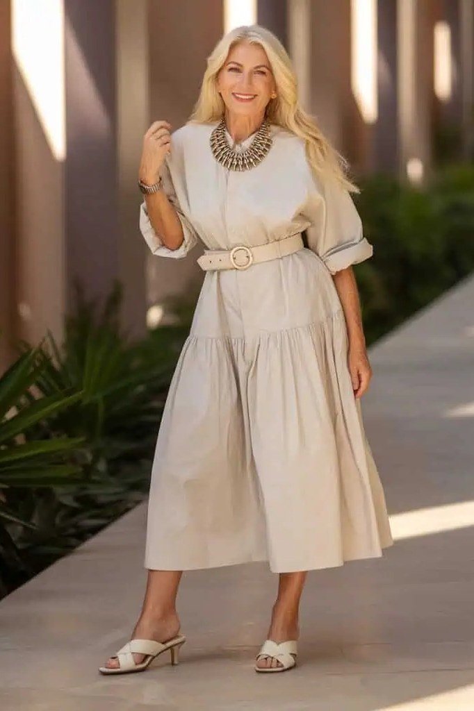 Beige belted midi dress with statement necklace