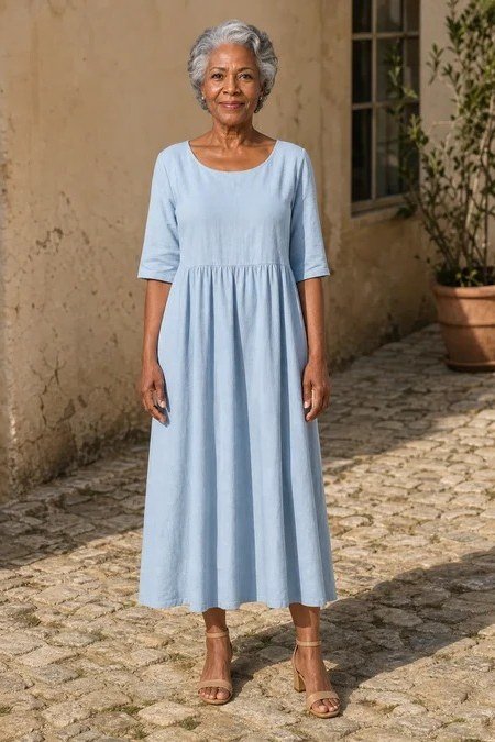 Light blue tiered midi dress with three-quarter sleeves