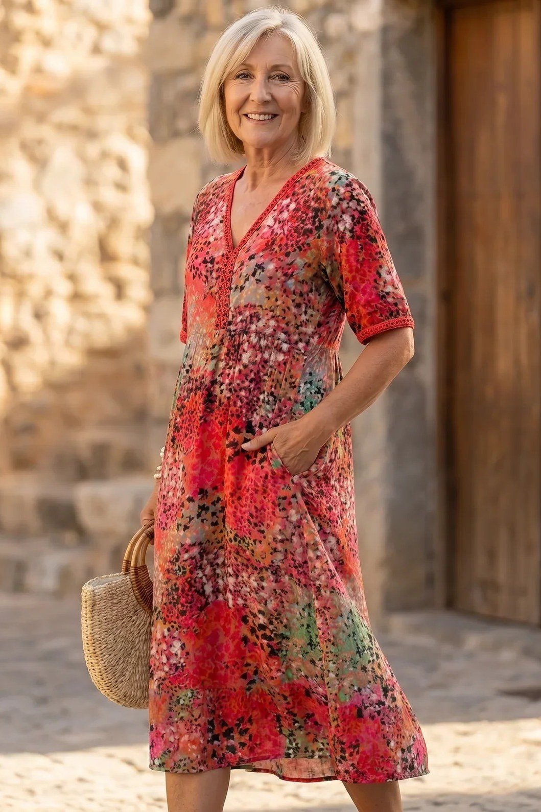Red floral v-neck midi dress with straw tote