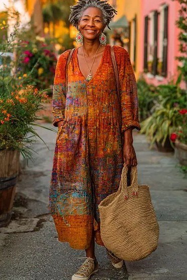 Orange boho print maxi dress with three-quarter sleeves