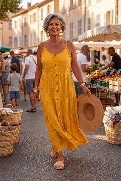 Mustard button-front spaghetti strap maxi dress at market