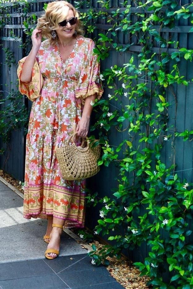 Pink floral kimono-sleeve maxi dress by ivy fence