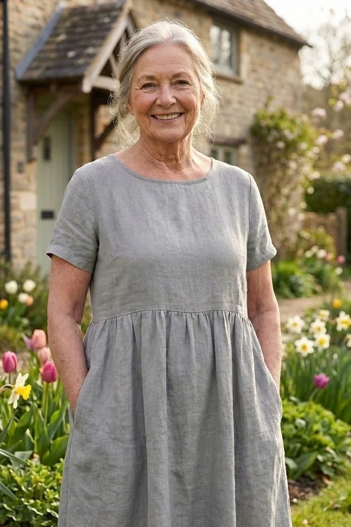 Gray linen midi dress with pockets in cottage garden