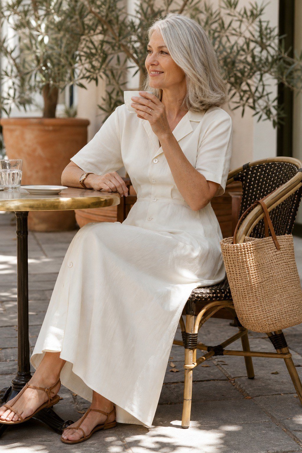 Cream collared button-front midi dress at cafe