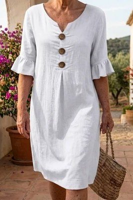 White button-front midi dress with ruffle sleeves