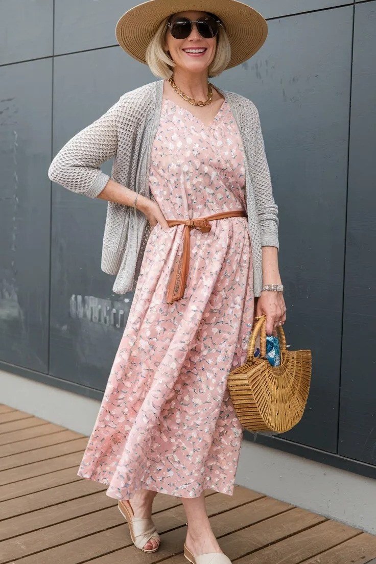 Pink floral maxi dress layered with gray cardigan and belt