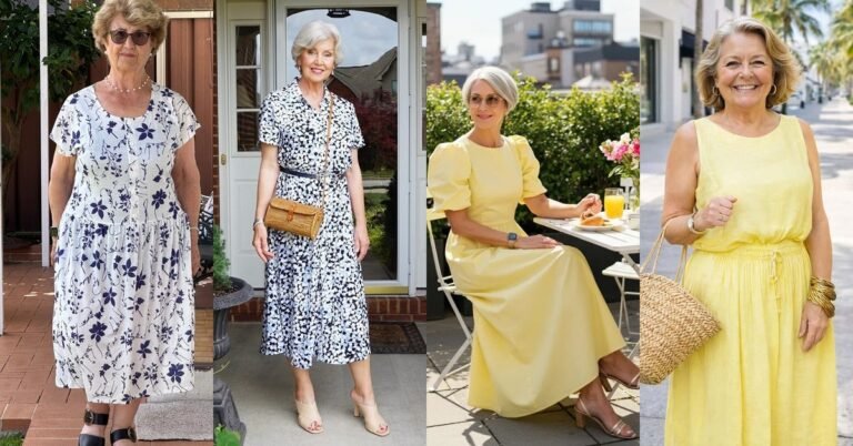 Collage of four casual summer dresses for women over 60: floral midi, black-white shirt dress, yellow puff-sleeve midi, and yellow sleeveless maxi