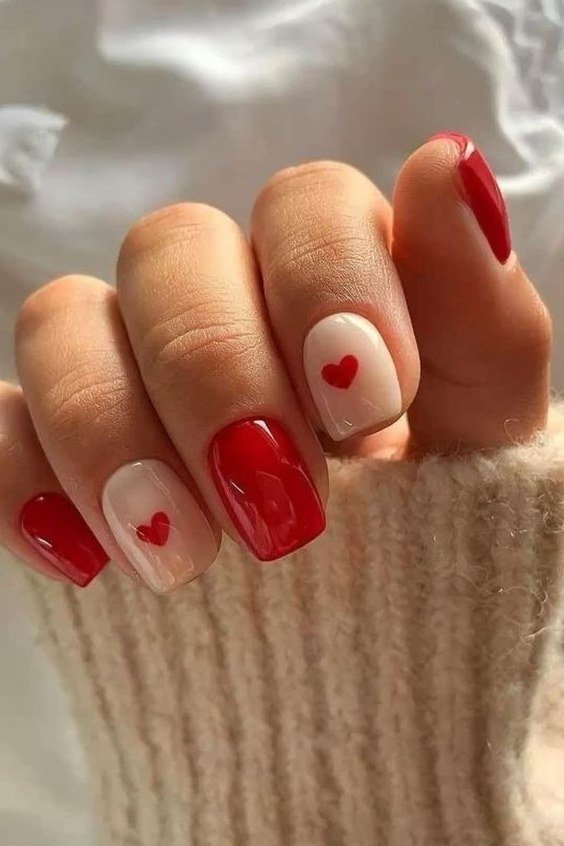 Red with White Heart Accent Short Round Nails for women over 60
