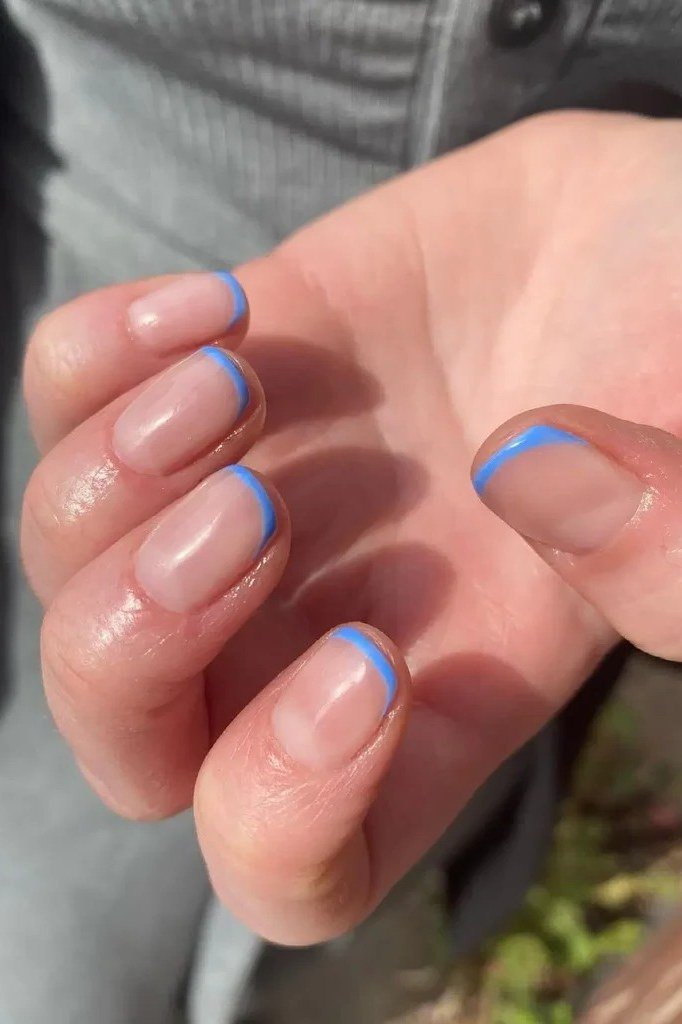 Sheer Nude with Cobalt Blue French Tips, Short Round for women over 60