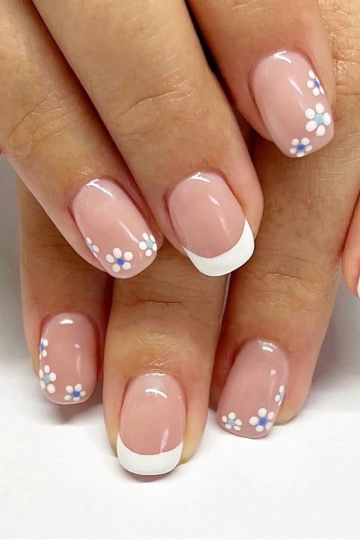 White French Daisy Short Squoval Nails for women over 60