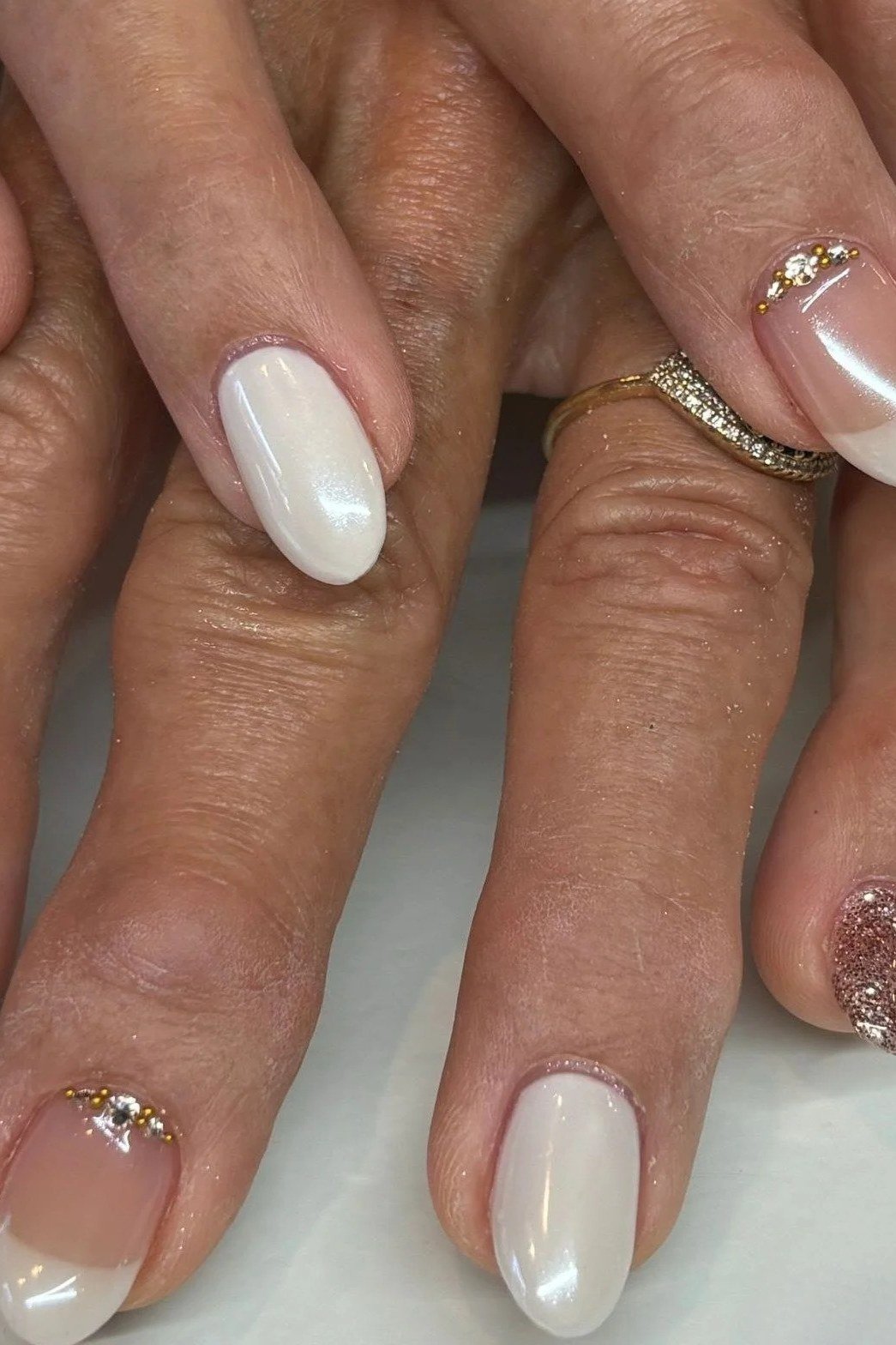 Milky White with Rose Gold Glitter Accent, Short Almond for women over 60