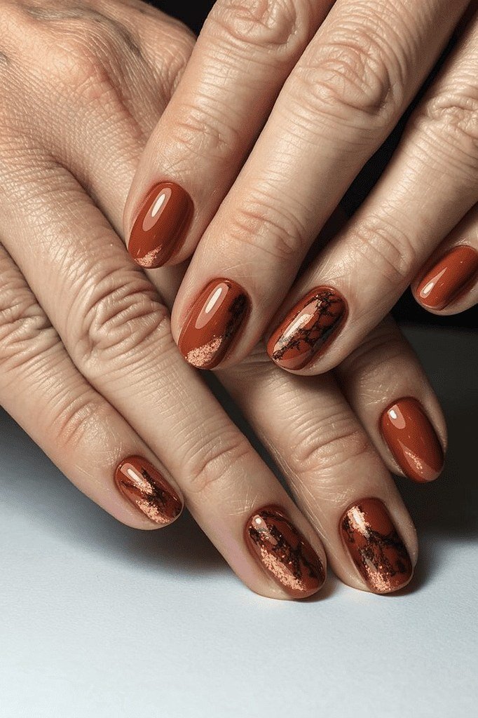 Copper Metallic with Dark Marble Accents, Short Squoval for women over 60