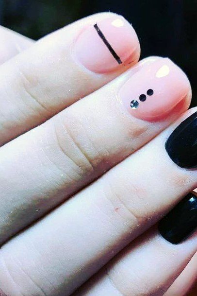 Black Line-Dot Art with Black Accent Nail, Short Squoval for women over 60
