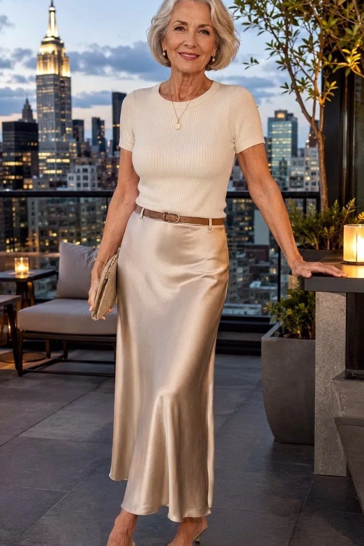 gold satin midi skirt with cream tee, NYC rooftop - classy skirt outfits for women over 60