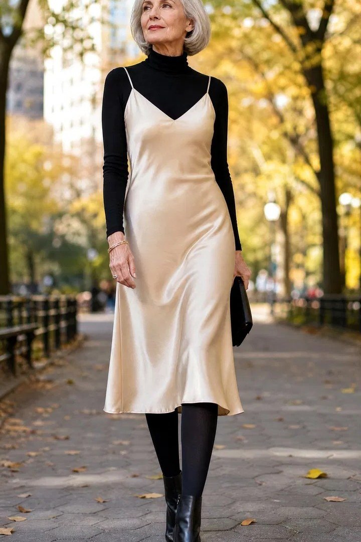 champagne satin midi skirt with black turtleneck - classy skirt outfits for women over 60