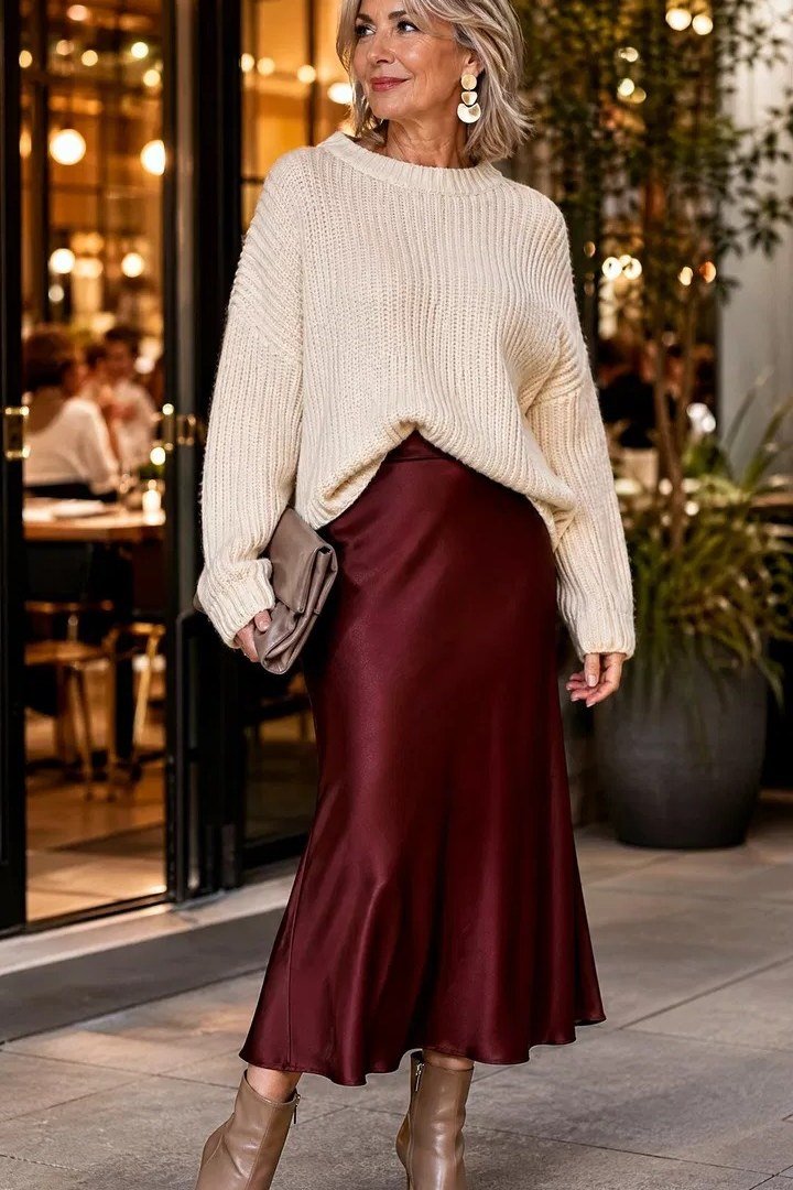 burgundy satin midi skirt with cream knit - classy skirt outfits for women over 60